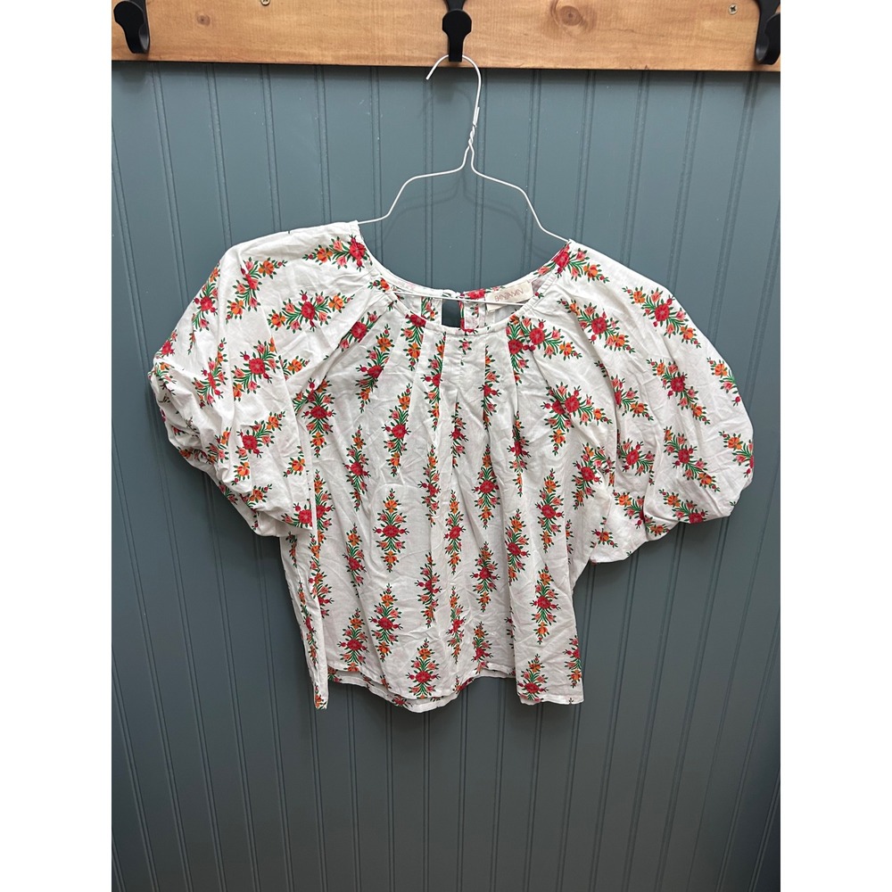 Banjanan White Floral Cotton Puff Sleeve Pleated Neck Tie Back Top Small